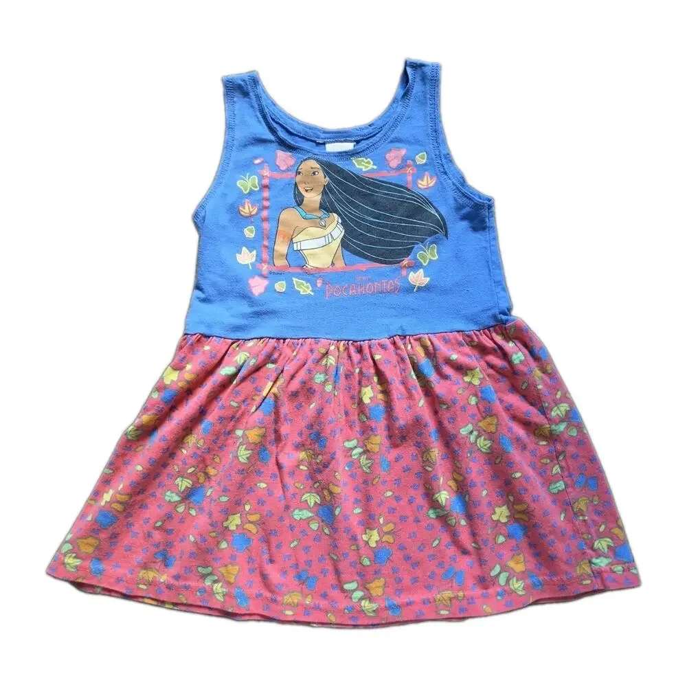 VTG Disney Pocahontas Girls Sleeveless Dress Graphic Print Floral 90s No Tag